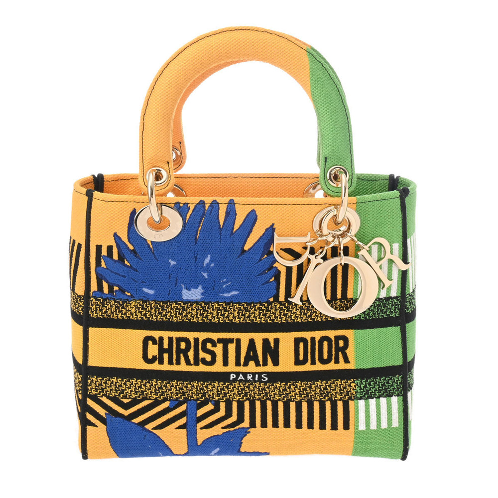 CHRISTIAN DIOR LADY Lite Flower Yellow Green Blue Canvas Handbag